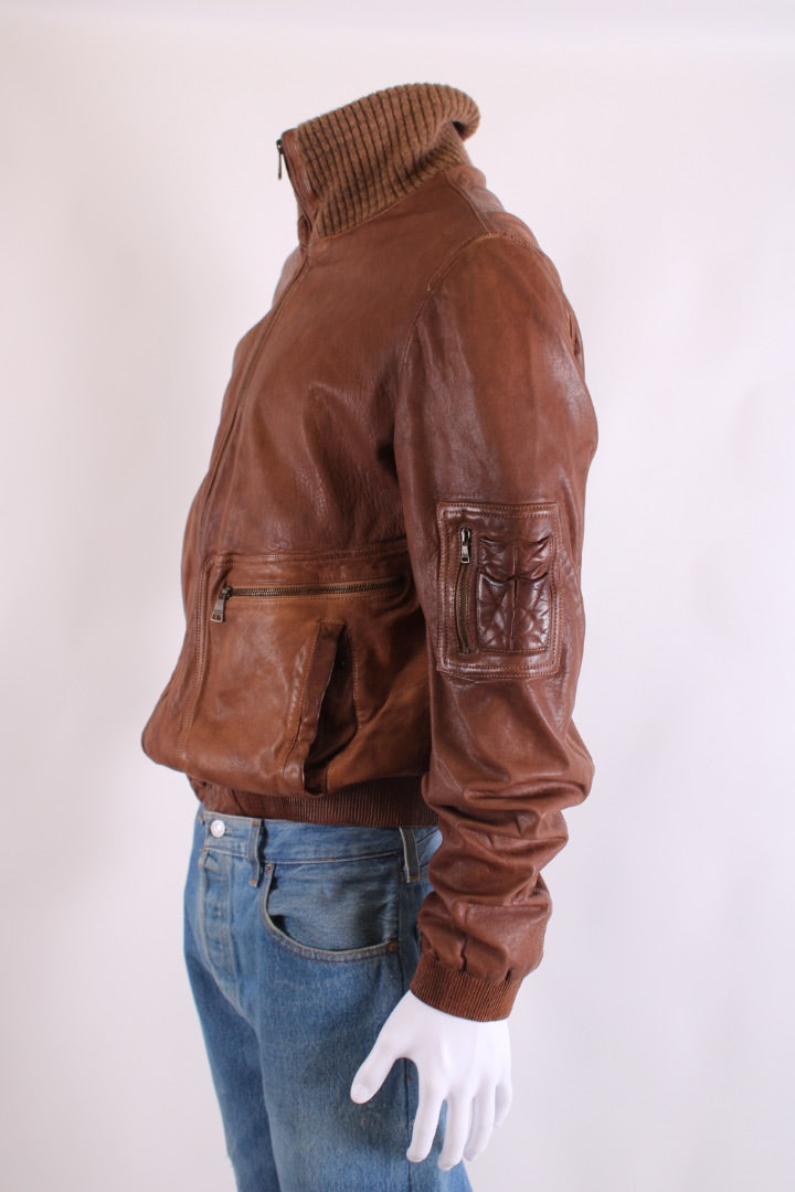 Dolce & Gabbana Ribbed Collar Leather Jacket Camel 54