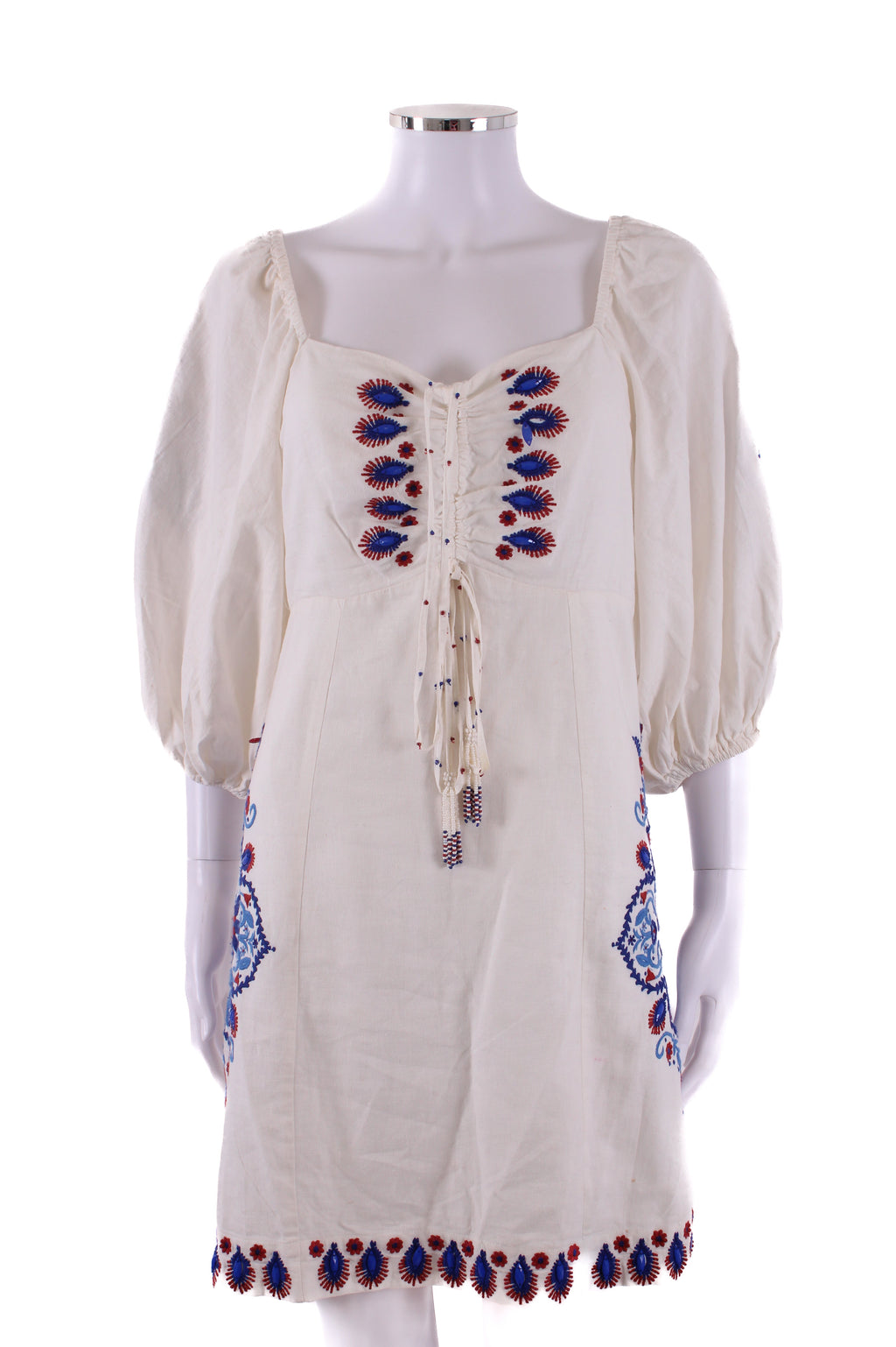 Farm Rio S/S Embroidered Dress Cream/ Blue S