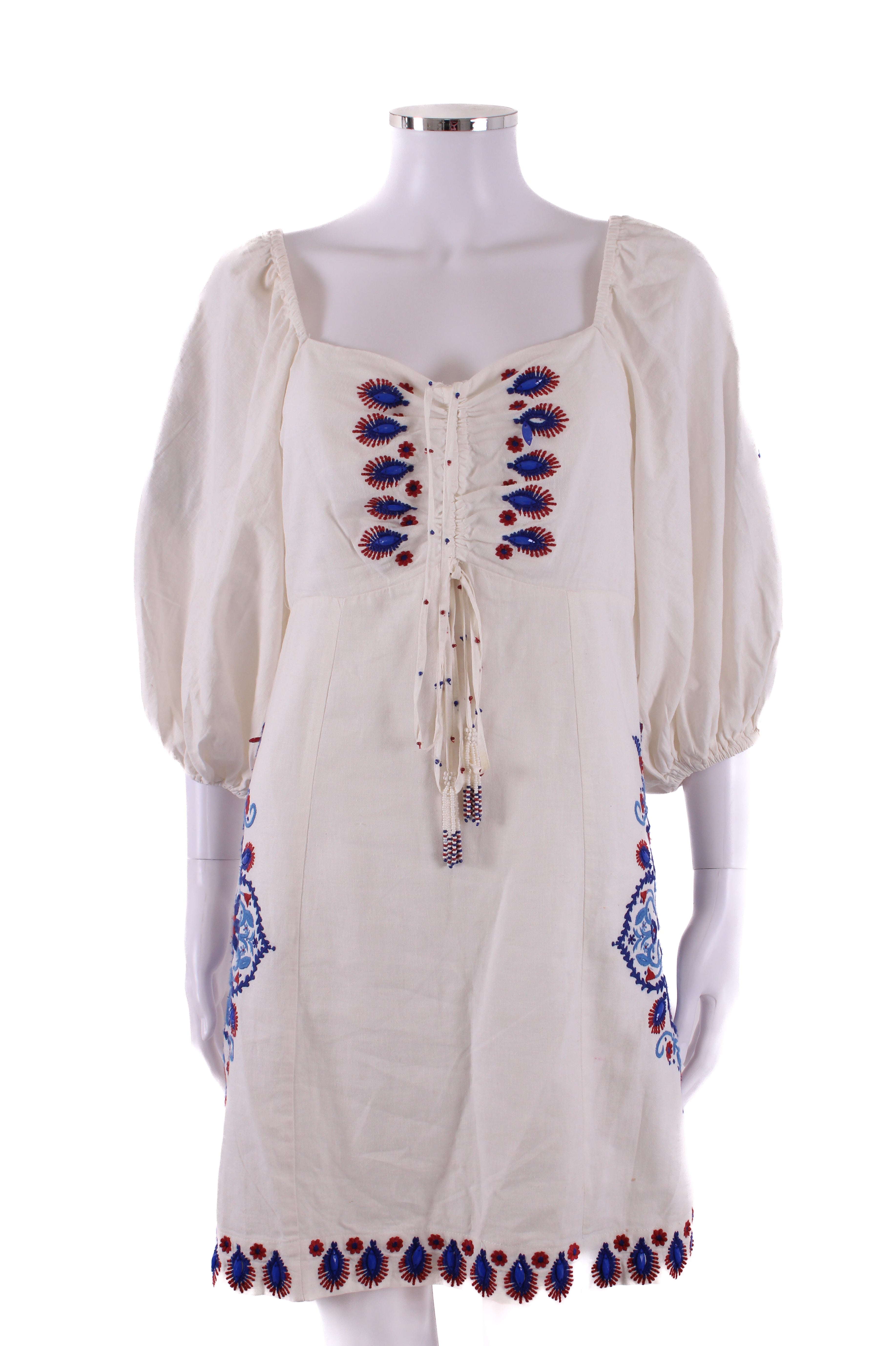Farm Rio S/S Embroidered Dress Cream/ Blue S