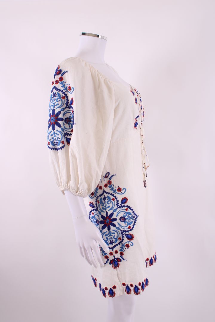 Farm Rio S/S Embroidered Dress Cream/ Blue S