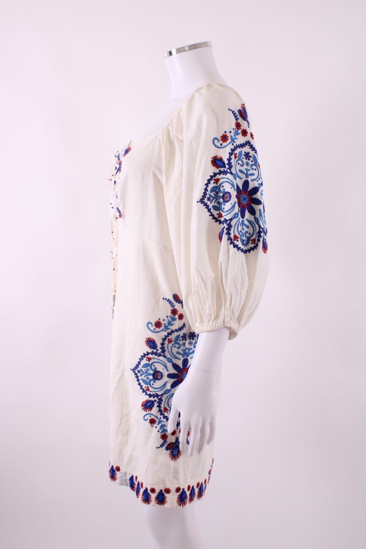 Farm Rio S/S Embroidered Dress Cream/ Blue S