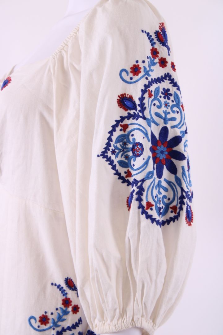 Farm Rio S/S Embroidered Dress Cream/ Blue S