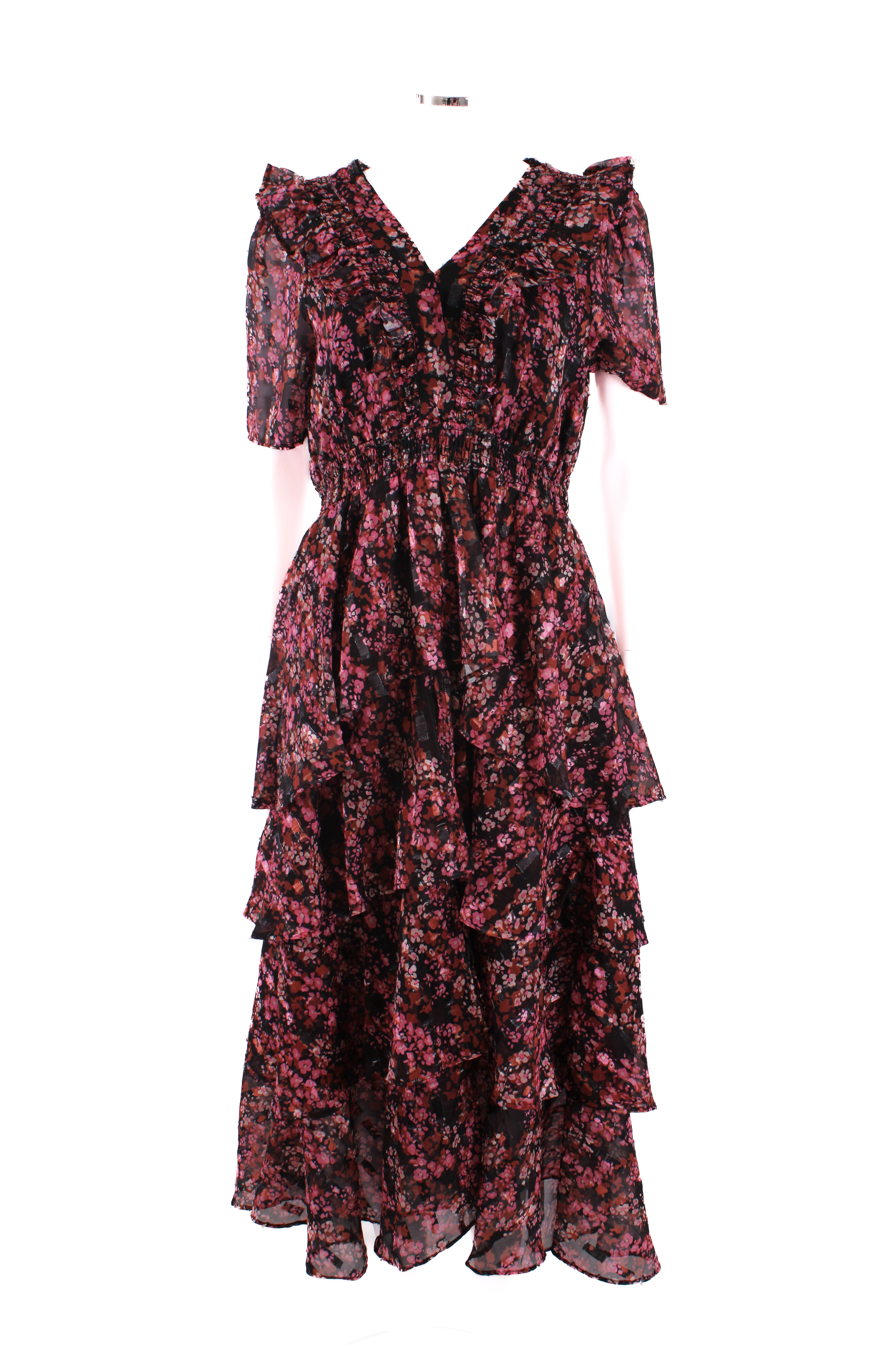 Hale Bob S/S Floral Ruffle Dress Black/ Pink L