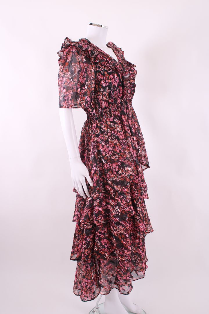 Hale Bob S/S Floral Ruffle Dress Black/ Pink L