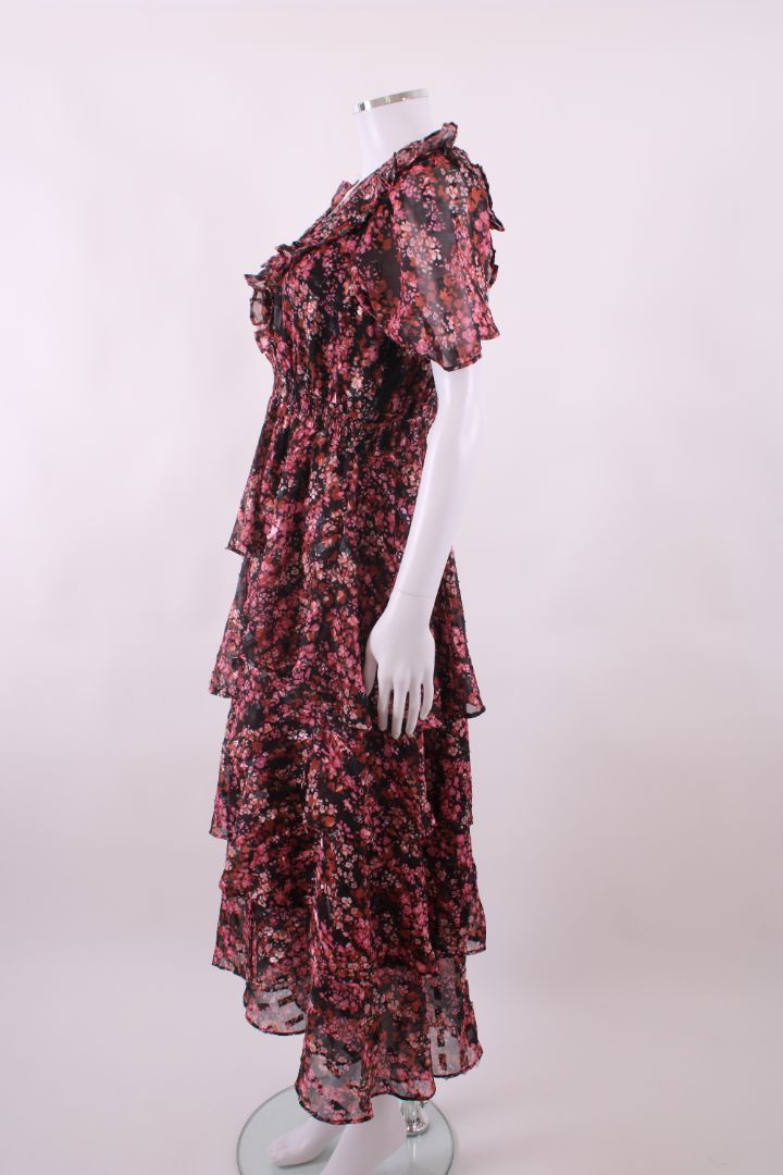 Hale Bob S/S Floral Ruffle Dress Black/ Pink L