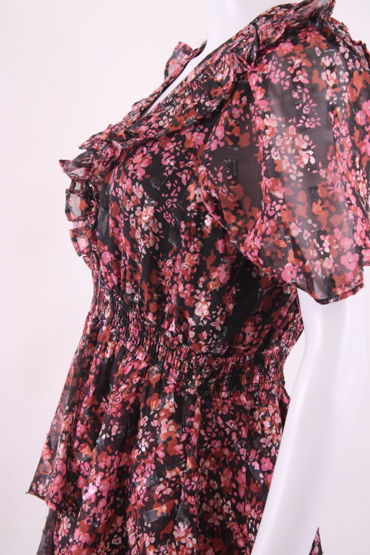 Hale Bob S/S Floral Ruffle Dress Black/ Pink L