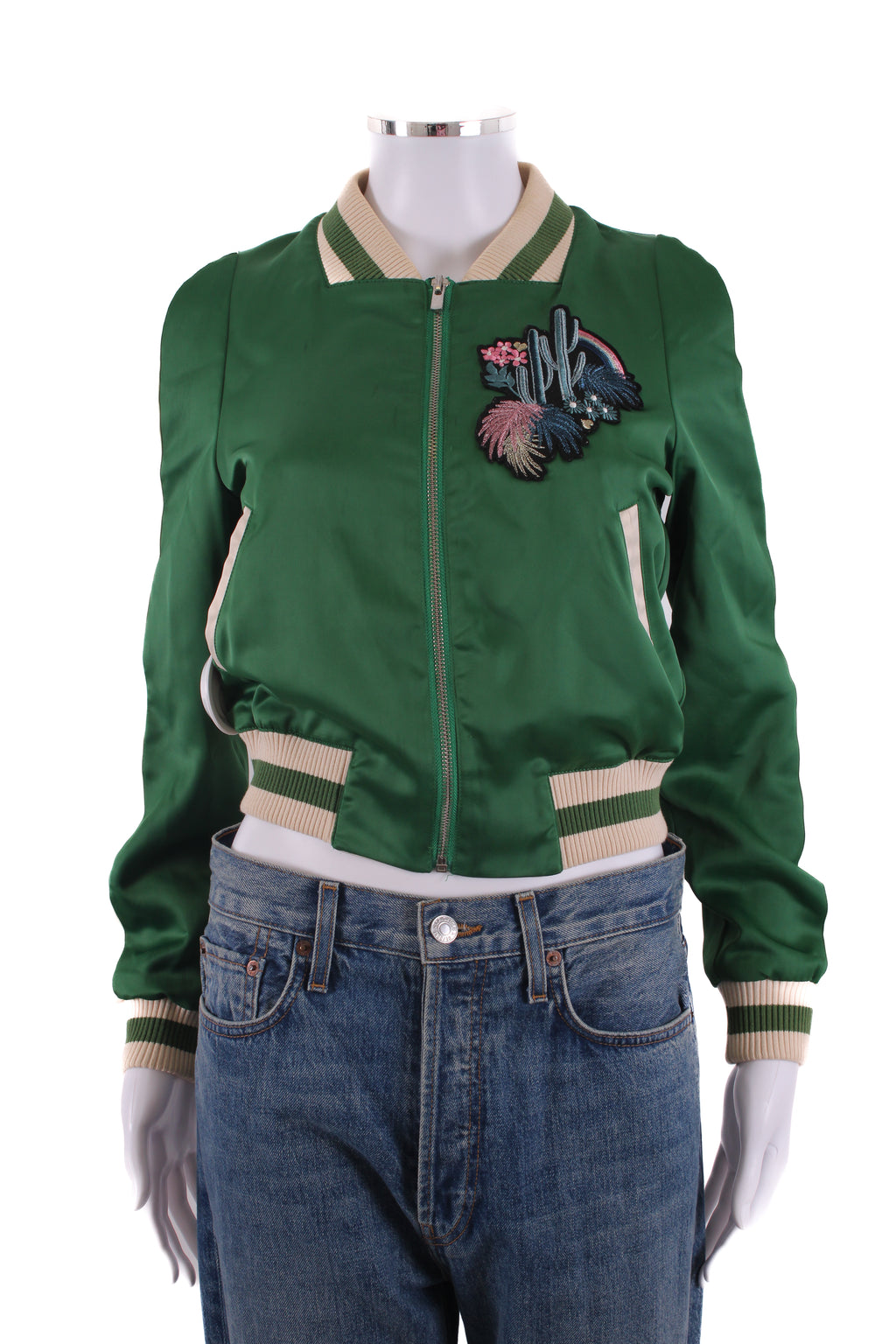 Maje Embroidered Varsity Bomber Jacket Green 38
