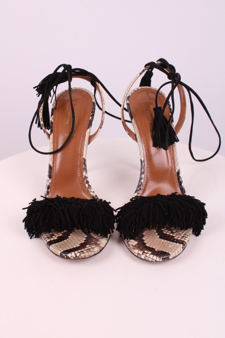 Aquazzura Snake Print Tassel Heels Beige 39