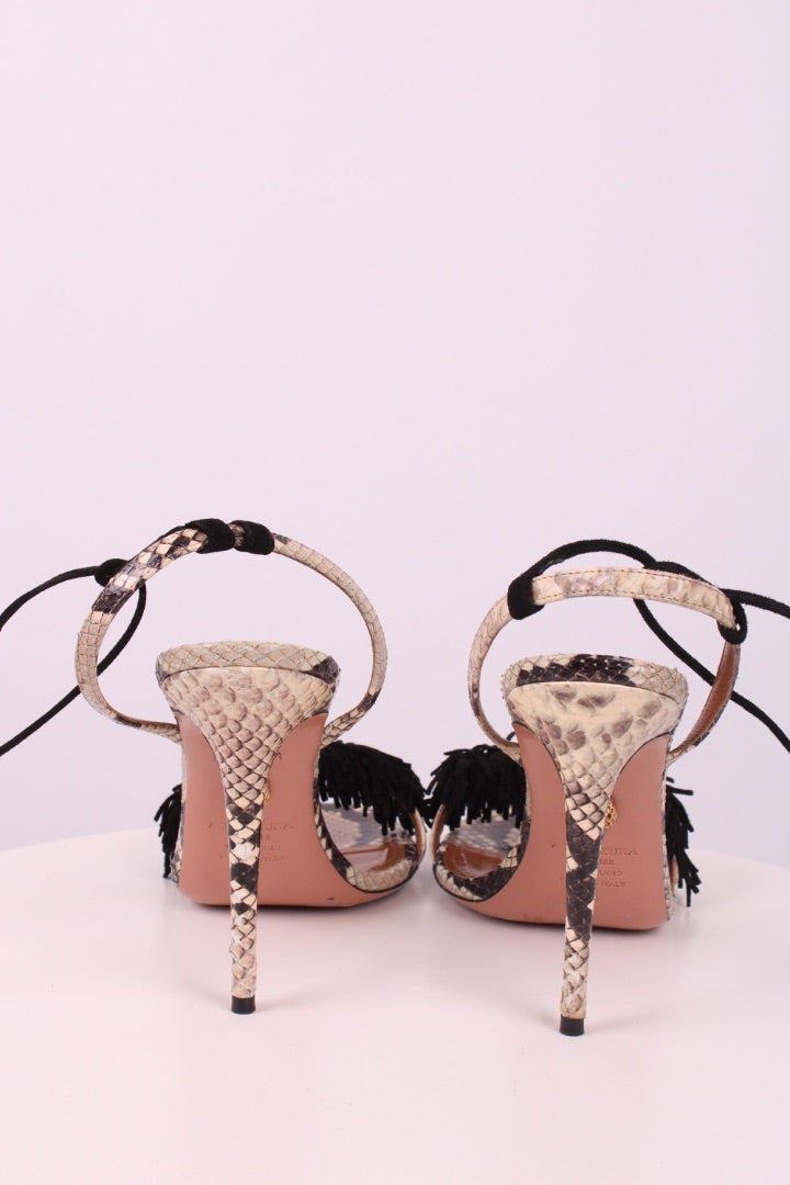 Aquazzura Snake Print Tassel Heels Beige 39