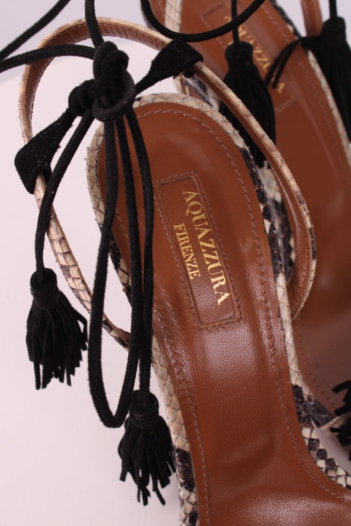 Aquazzura Snake Print Tassel Heels Beige 39