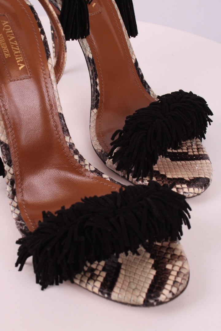 Aquazzura Snake Print Tassel Heels Beige 39