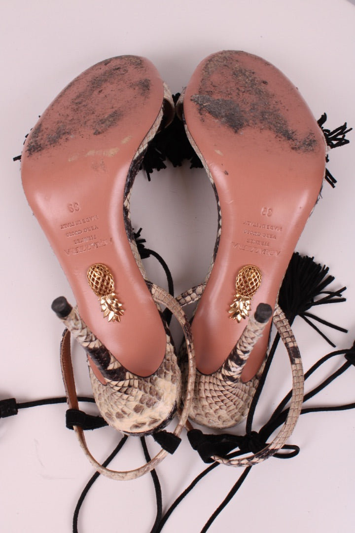 Aquazzura Snake Print Tassel Heels Beige 39