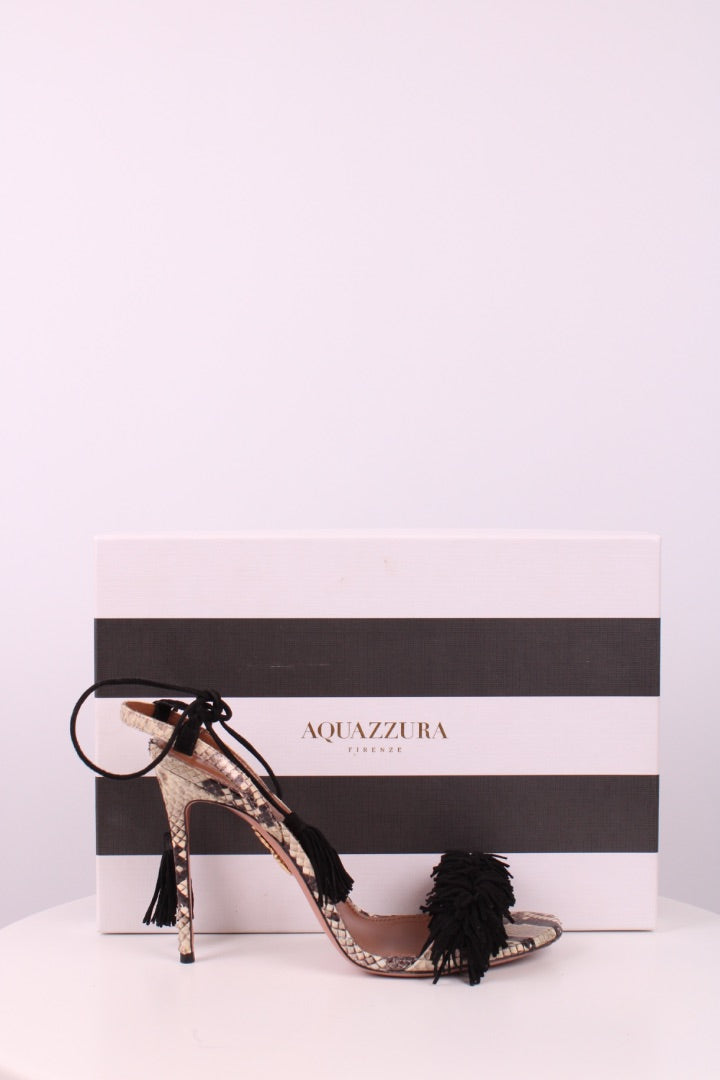 Aquazzura Snake Print Tassel Heels Beige 39