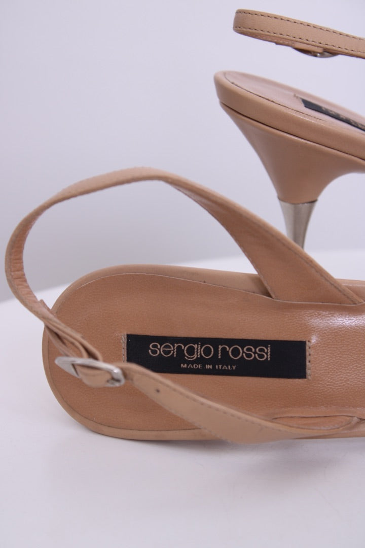 Sergio Rossi Sling Back Peep Toe Heels Nude/ Silver 37.5