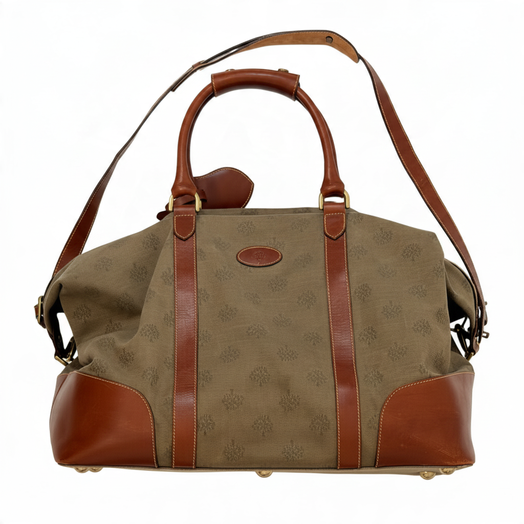 Mulberry Tree Travel Bag in khaki and tan — Front view