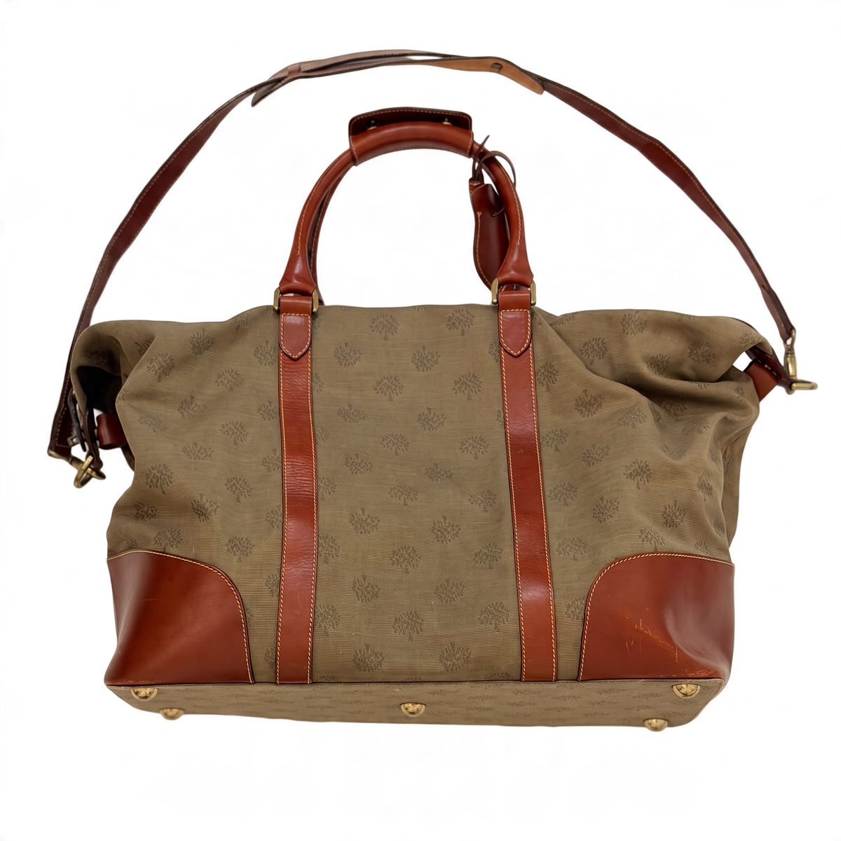 Mulberry Tree Travel Bag in khaki and tan — Back view