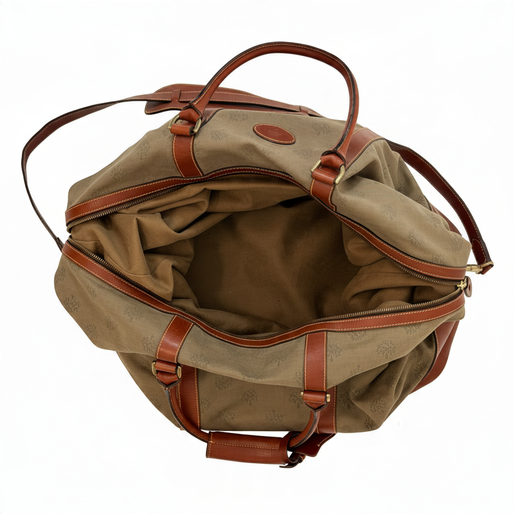 Mulberry Tree Travel Bag in khaki and tan — Open interior