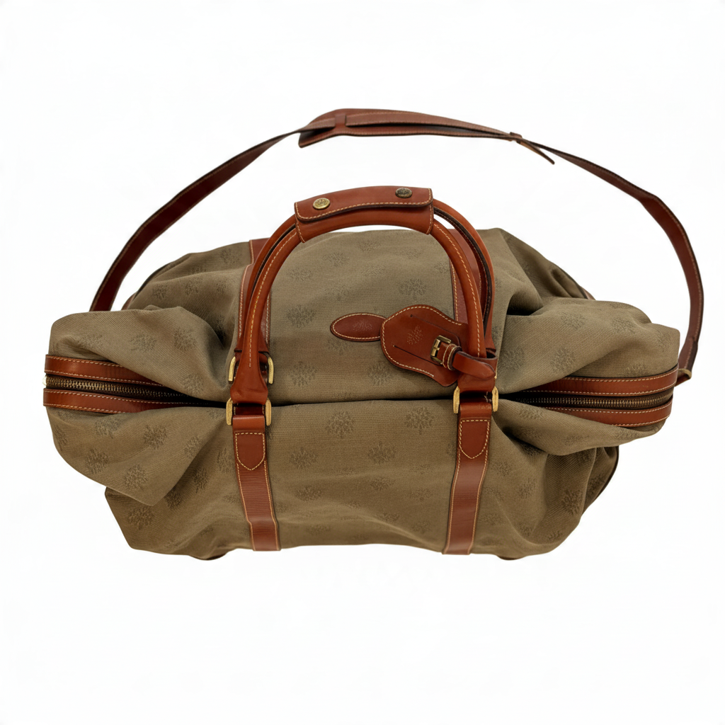Mulberry Tree Travel Bag in khaki and tan — Top view