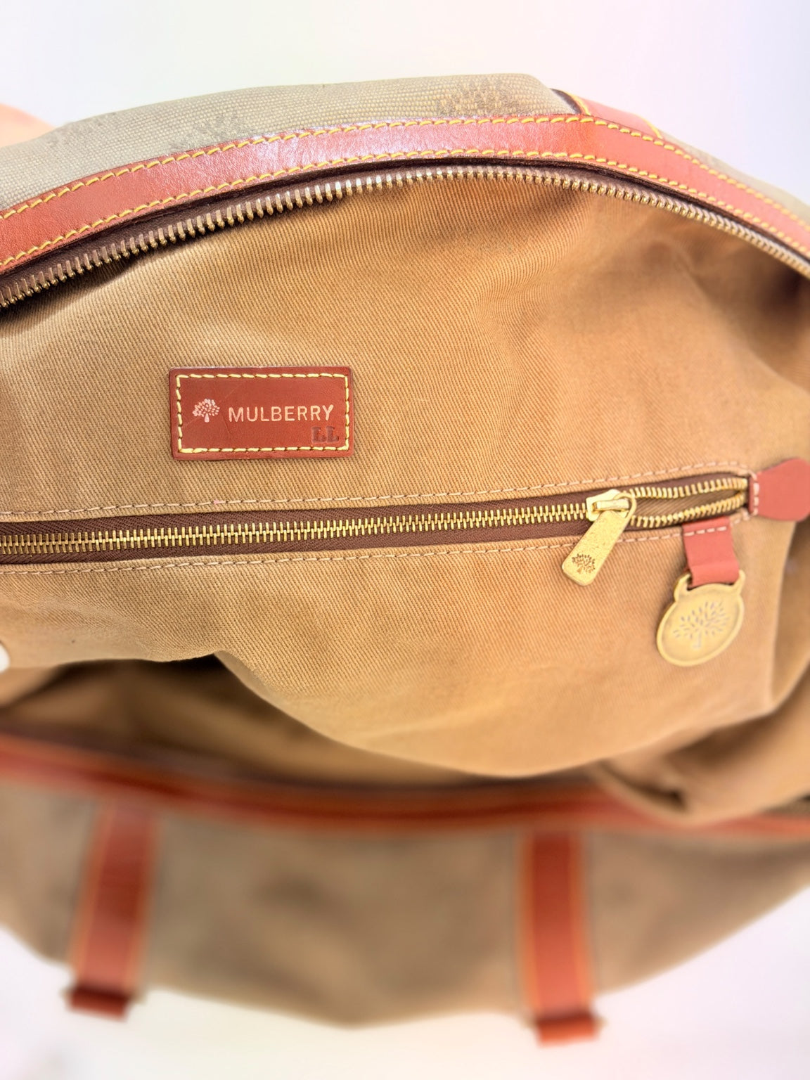 Mulberry Tree Travel Bag in khaki and tan — Interior Mulberry label