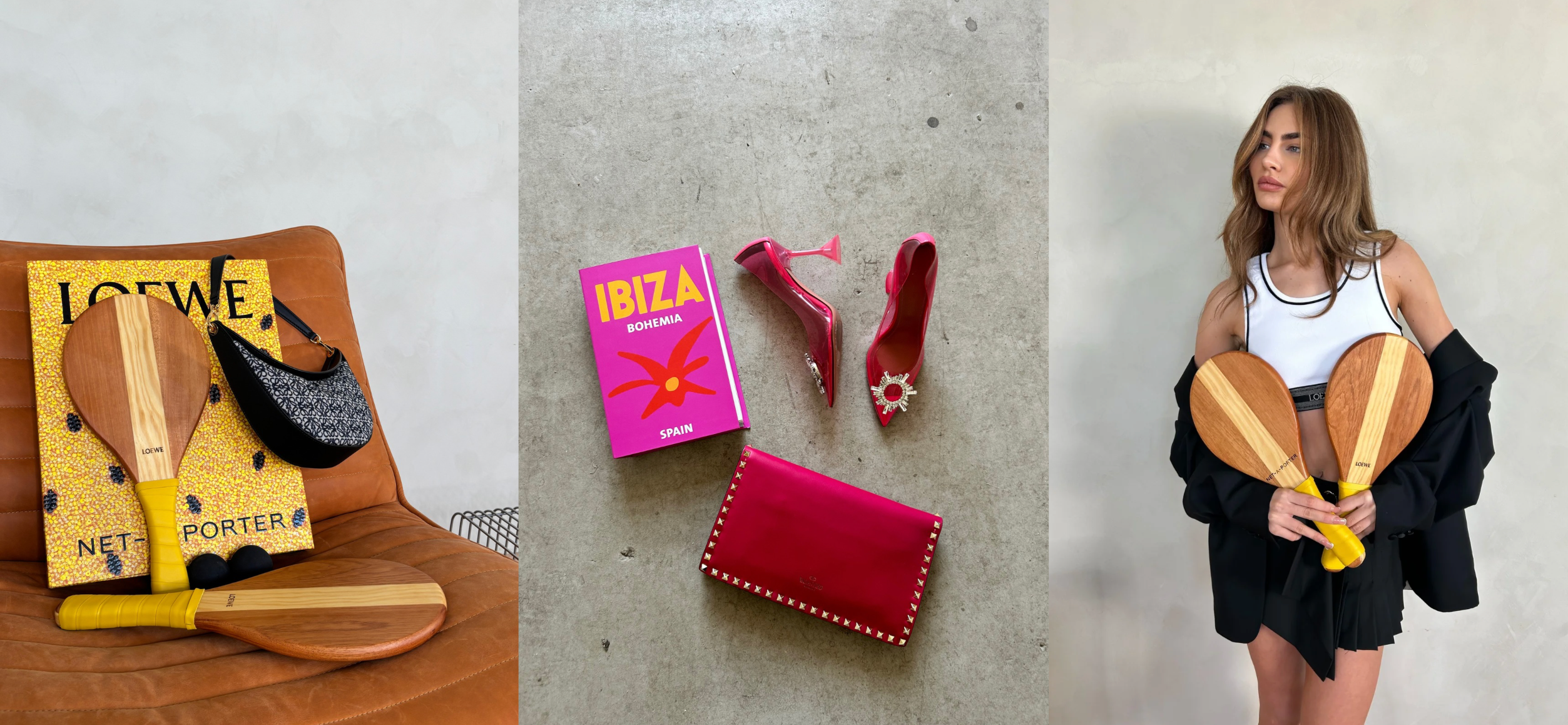 Loewe Paddle Set in Yellow pictured with Lowew blue baguette bag, Pink Valentino Clutch bag and Loewe Sports Bra
