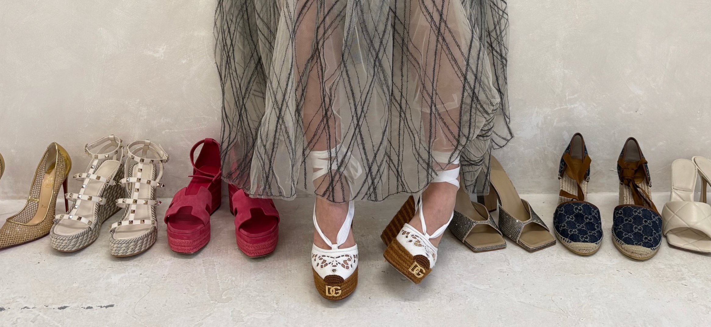 D&G Wedges pictures with Pink Hermes Wedges, White Valentino Wedges, Gold Christian Loubutin Heels and gucci Denim Wedges