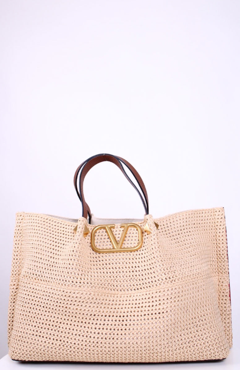 Valentino V Logo Raffia Tote Bag Straw/ Brown