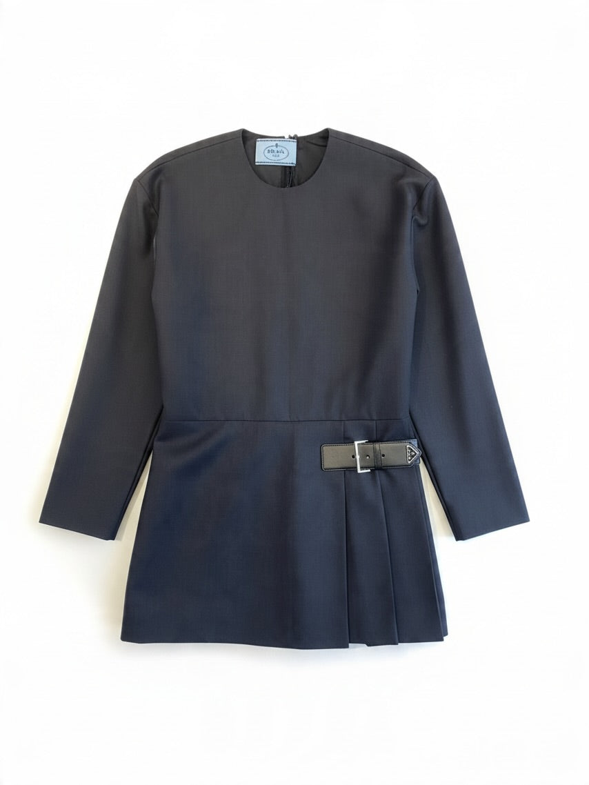 Prada Tailored Wool Pleat Pinafore Dress Grey 42