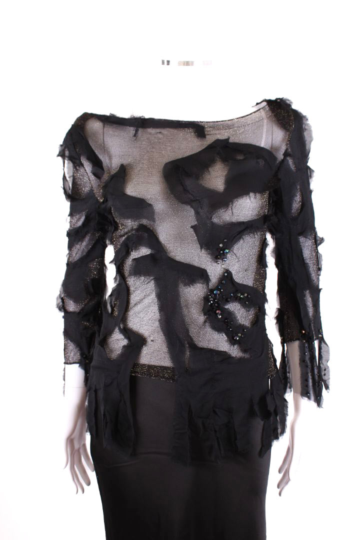 Roberto Cavalli L/S Mesh Ripped Top A/W 2001 Black/ Gold XS