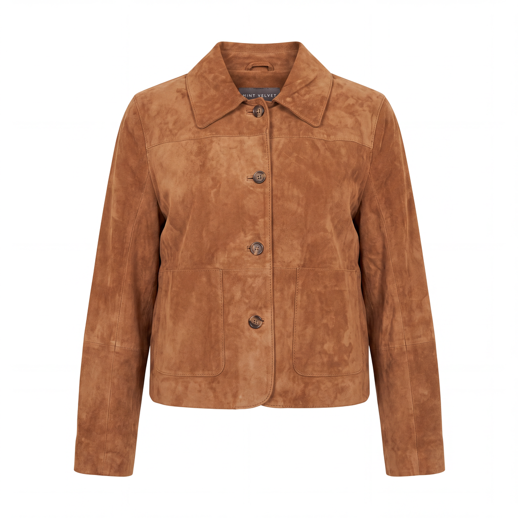 Mint Velvet tan suede jacket size XL – ghost mannequin front