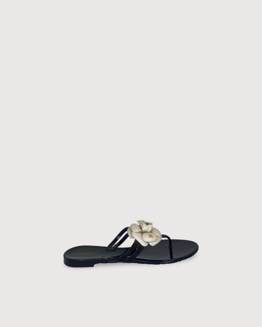 Chanel Camellia Rubber Sandal Black/ Cream 39