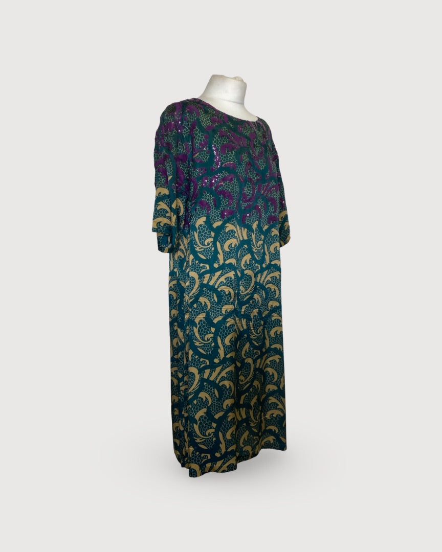 Turquoise/ Beige Dries Van Noten Print Sequin Dress, 14