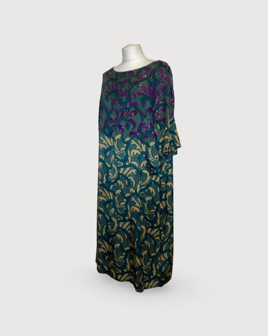 Turquoise/ Beige Dries Van Noten Print Sequin Dress, 14