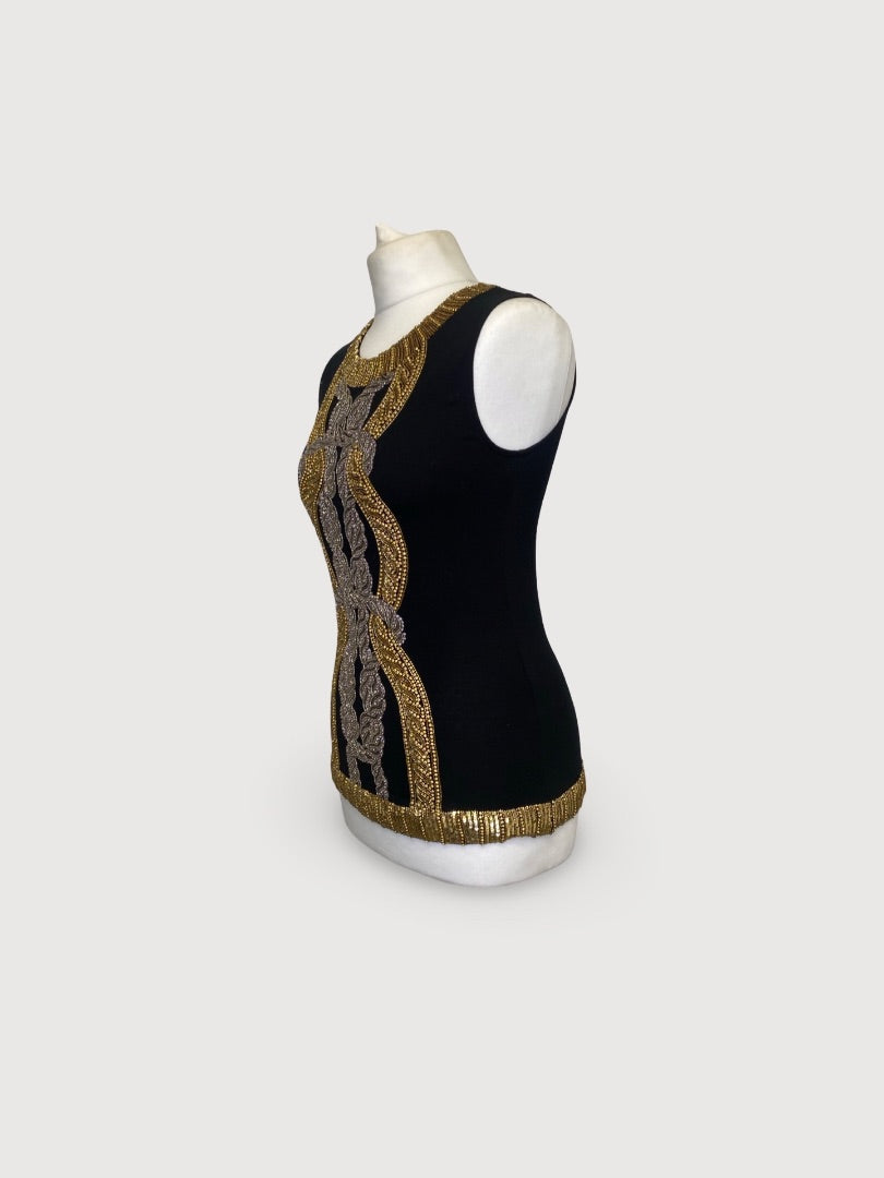 Balmain S/S Embellished Top Black/ Gold 8