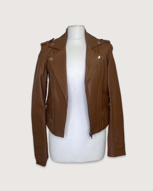 Tan Maje Leather Jacket, XS