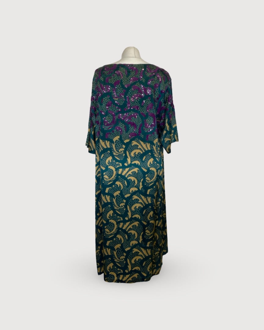 Turquoise/ Beige Dries Van Noten Print Sequin Dress, 14