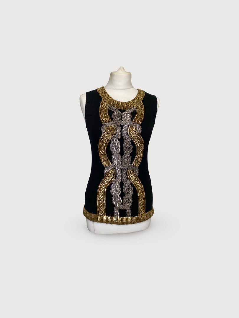 Balmain S/S Embellished Top Black/ Gold 8