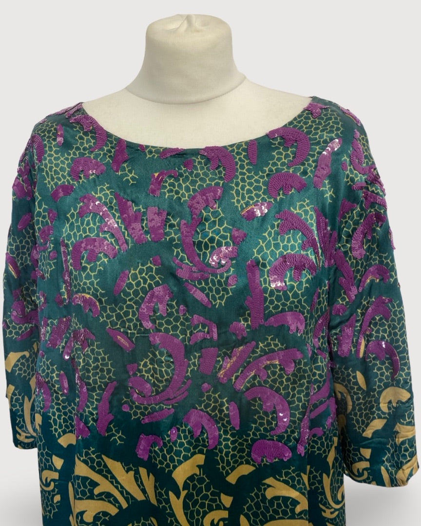 Turquoise/ Beige Dries Van Noten Print Sequin Dress, 14