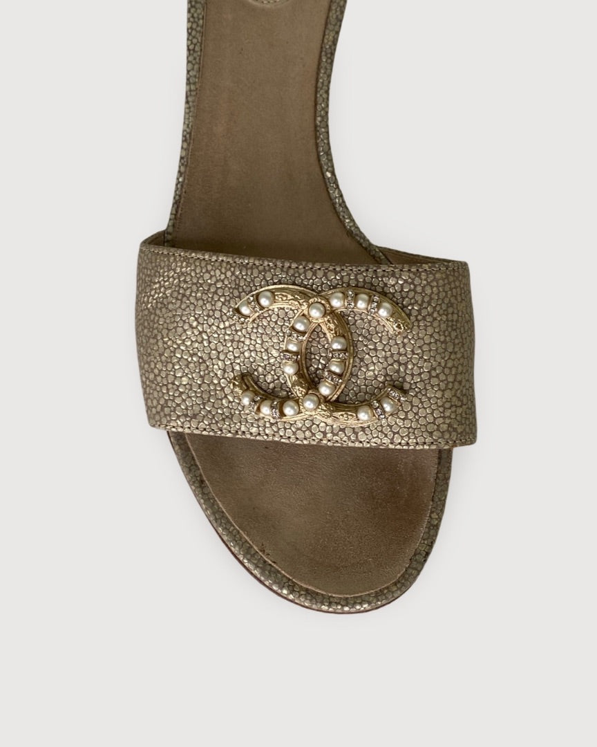 Chanel Pearl Mule Heels Gold 40