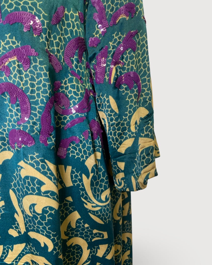 Turquoise/ Beige Dries Van Noten Print Sequin Dress, 14