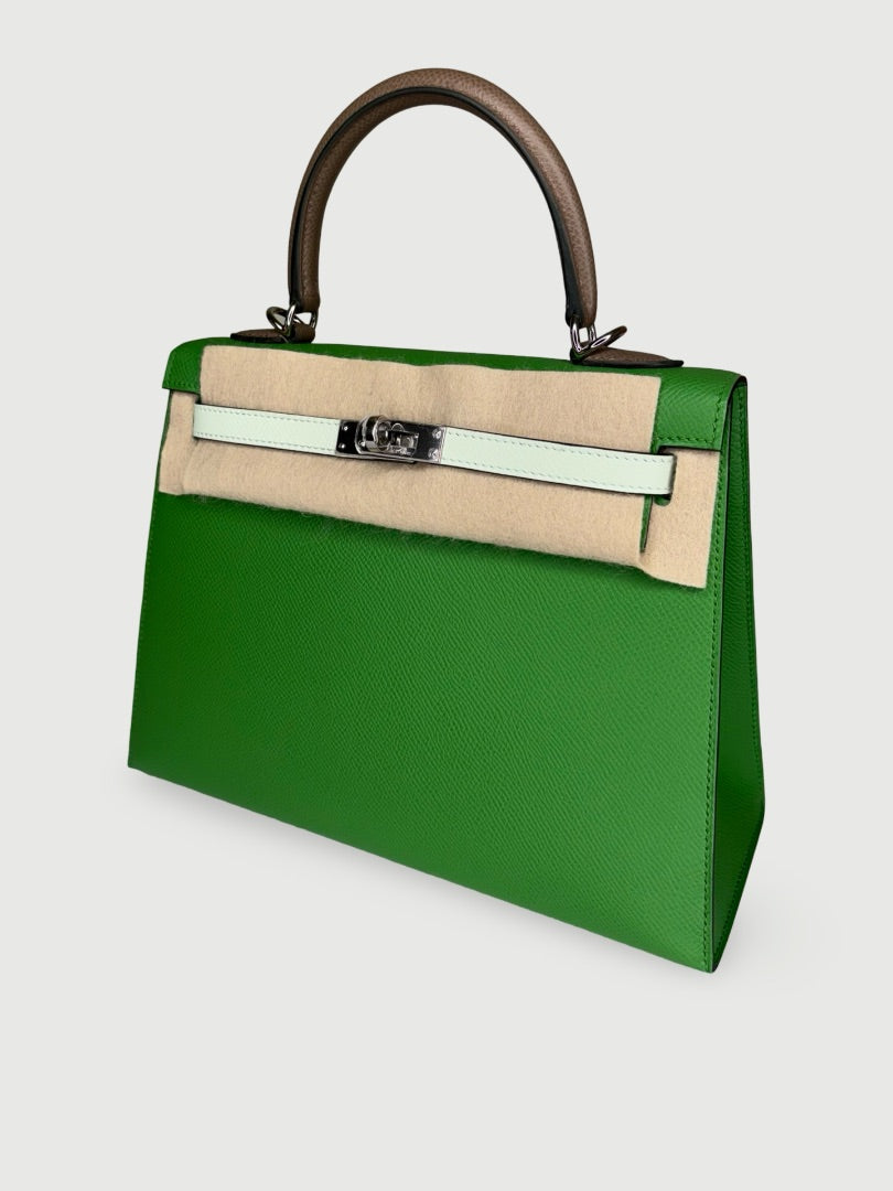 Vert Yucca / Vert Fizz / Etoupe Epsom Palladium Hardware Hermes Kelly, 25