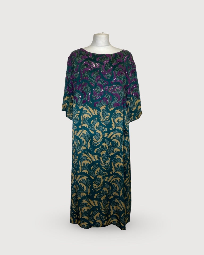 Turquoise/ Beige Dries Van Noten Print Sequin Dress, 14