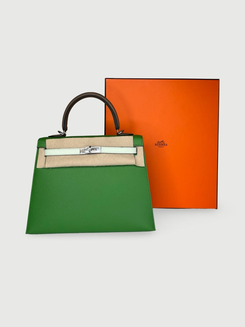 Vert Yucca / Vert Fizz / Etoupe Epsom Palladium Hardware Hermes Kelly, 25