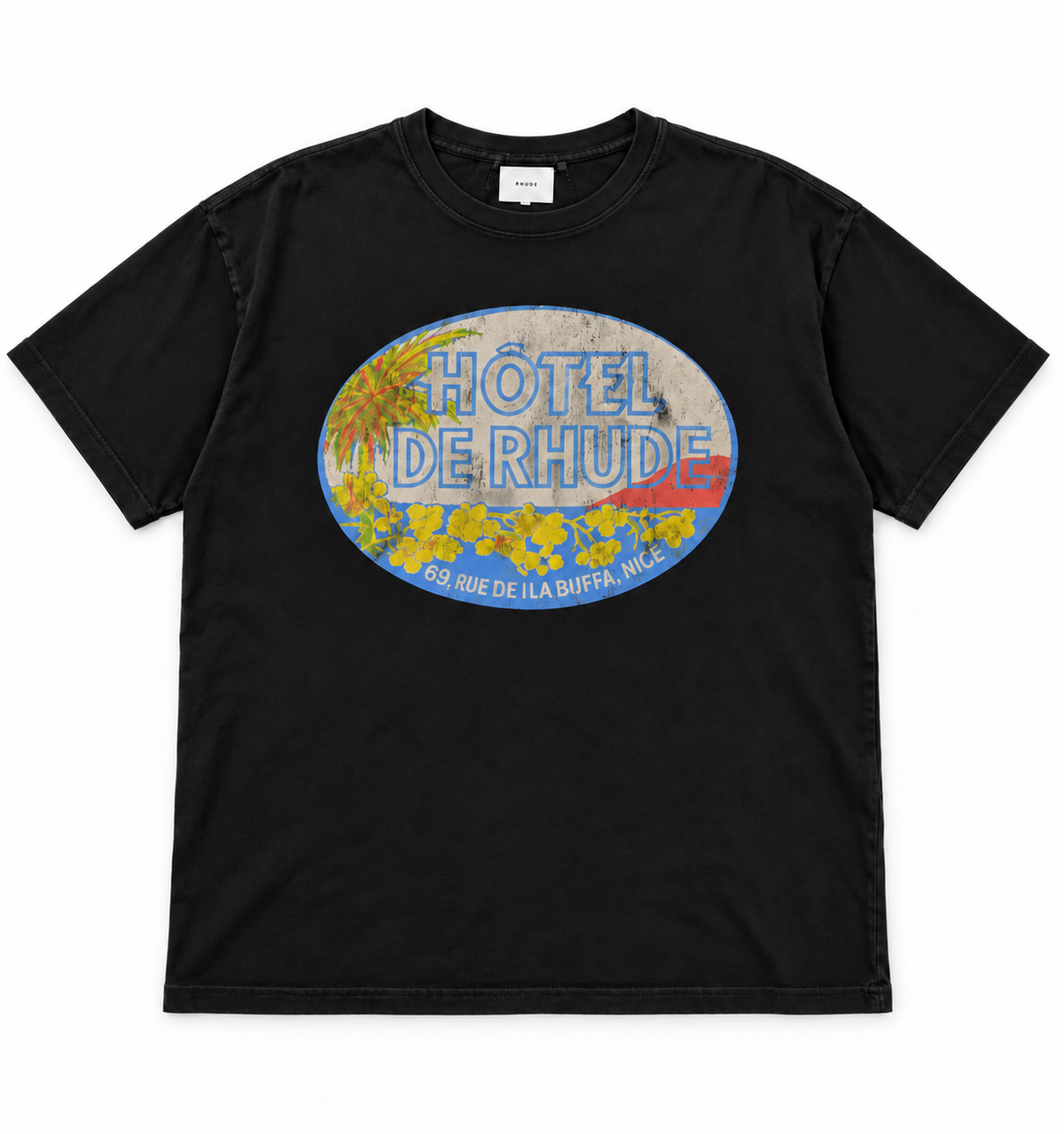 Rhude Hôtel de Rhude black T-shirt, size XL, front